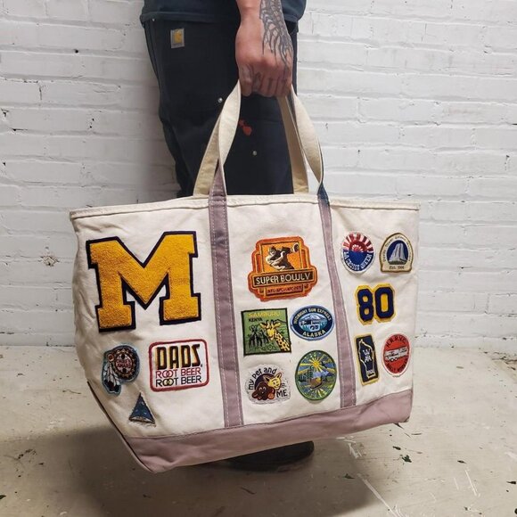 salmon pink vintage 1 of 1 XL L.L Bean Boat and Tote bag with vintage patches si - Picture 2 of 8